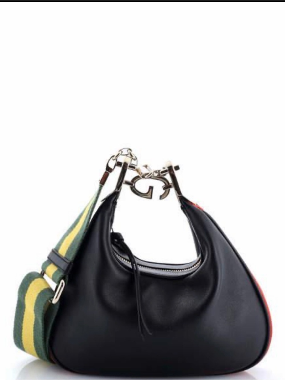 Gucci Black Leather Shoulder Bag with Green-Yellow Striped Strap